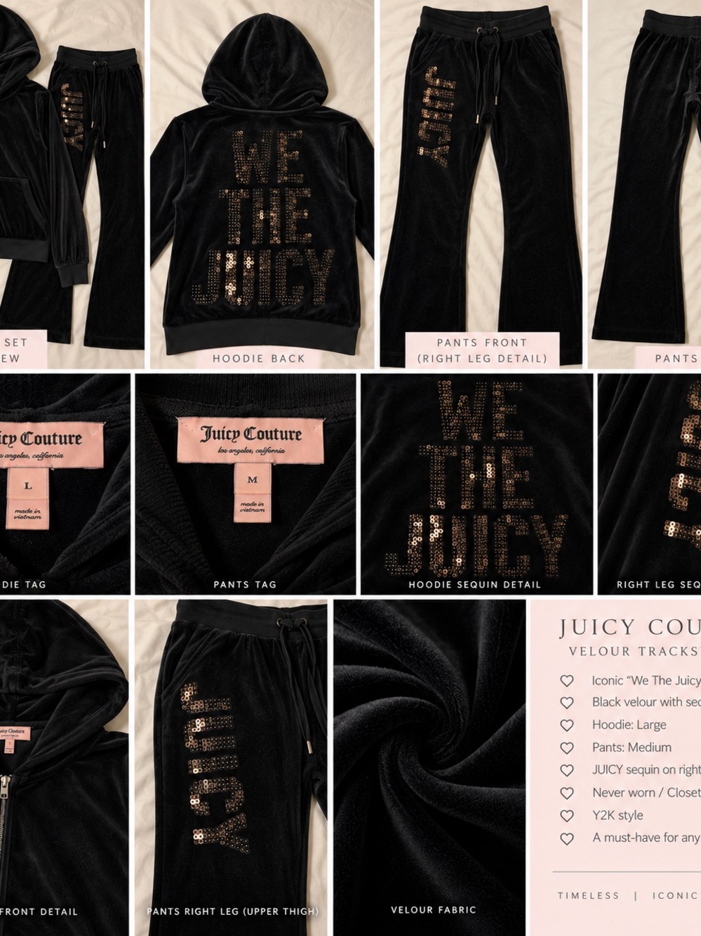 Juicy Couture Black Velour Hoodie & Track Pants with Black Sequin 'WE THE JUICY'
